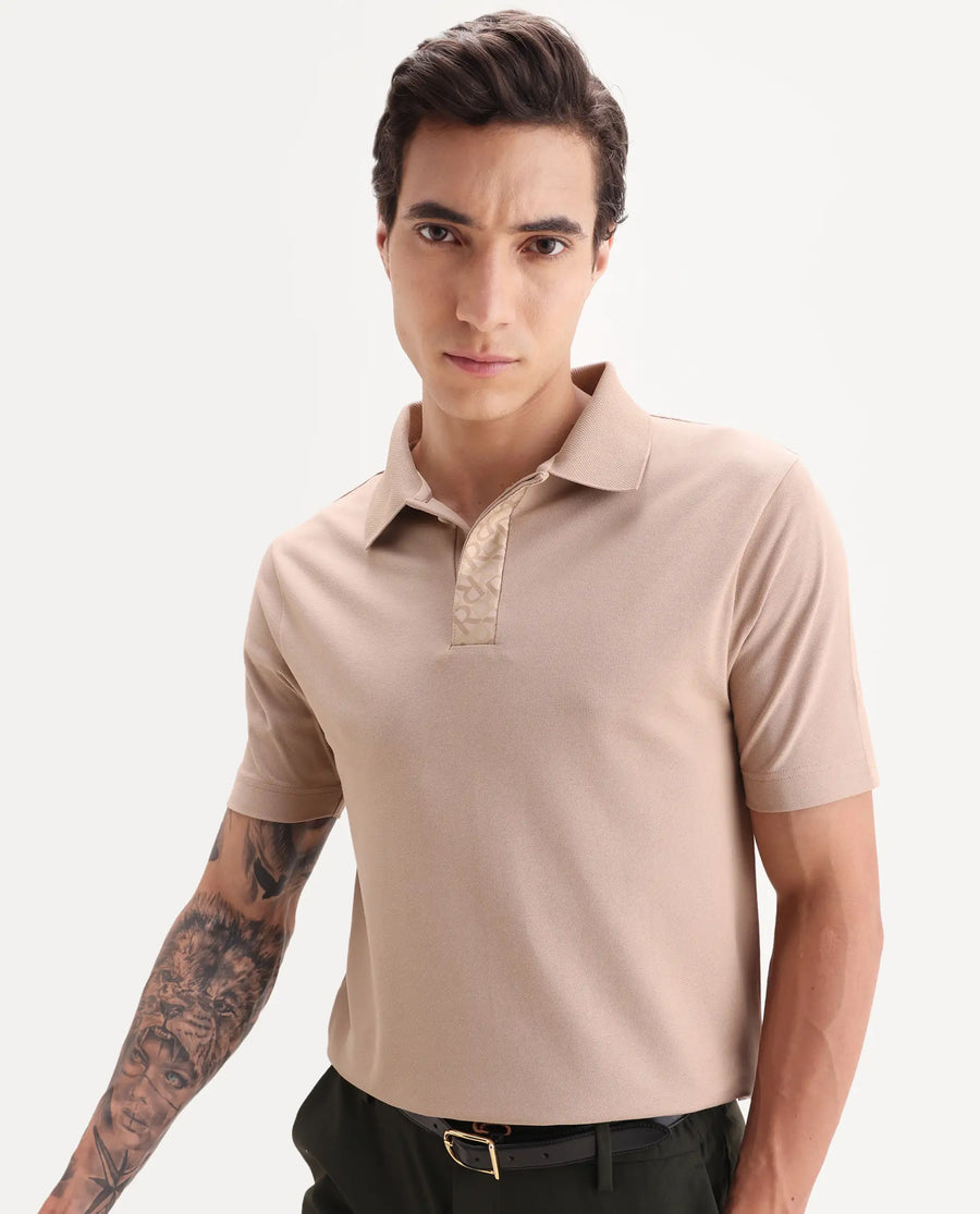 Rare Rabbit Men's Hin Beige Cotton Blend Fabric Half Sleeve Spread Collar Plain Polo