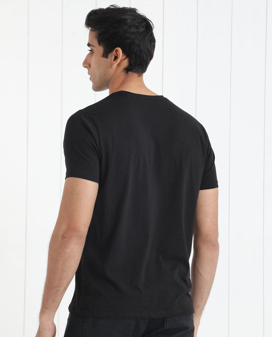 Rare Rabbit Men's Heras Black Cotton Monogram Print Slim Fit Half Sleeve Crew Neck T-Shirt