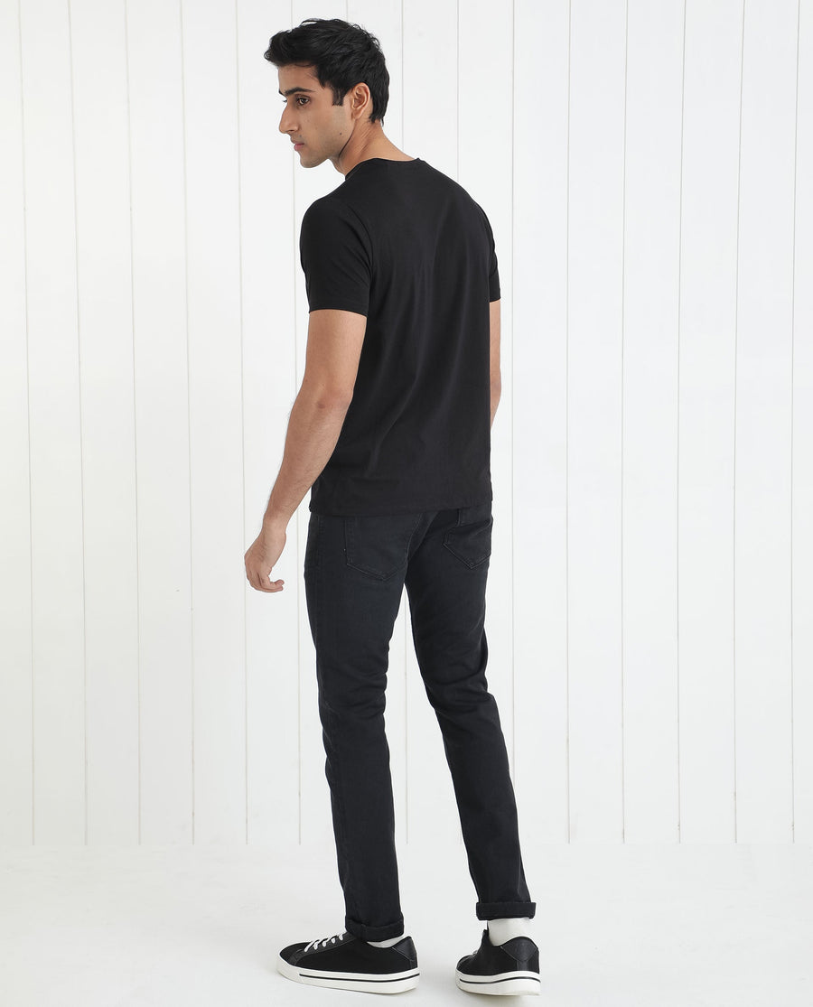 Rare Rabbit Men's Heras Black Cotton Monogram Print Slim Fit Half Sleeve Crew Neck T-Shirt