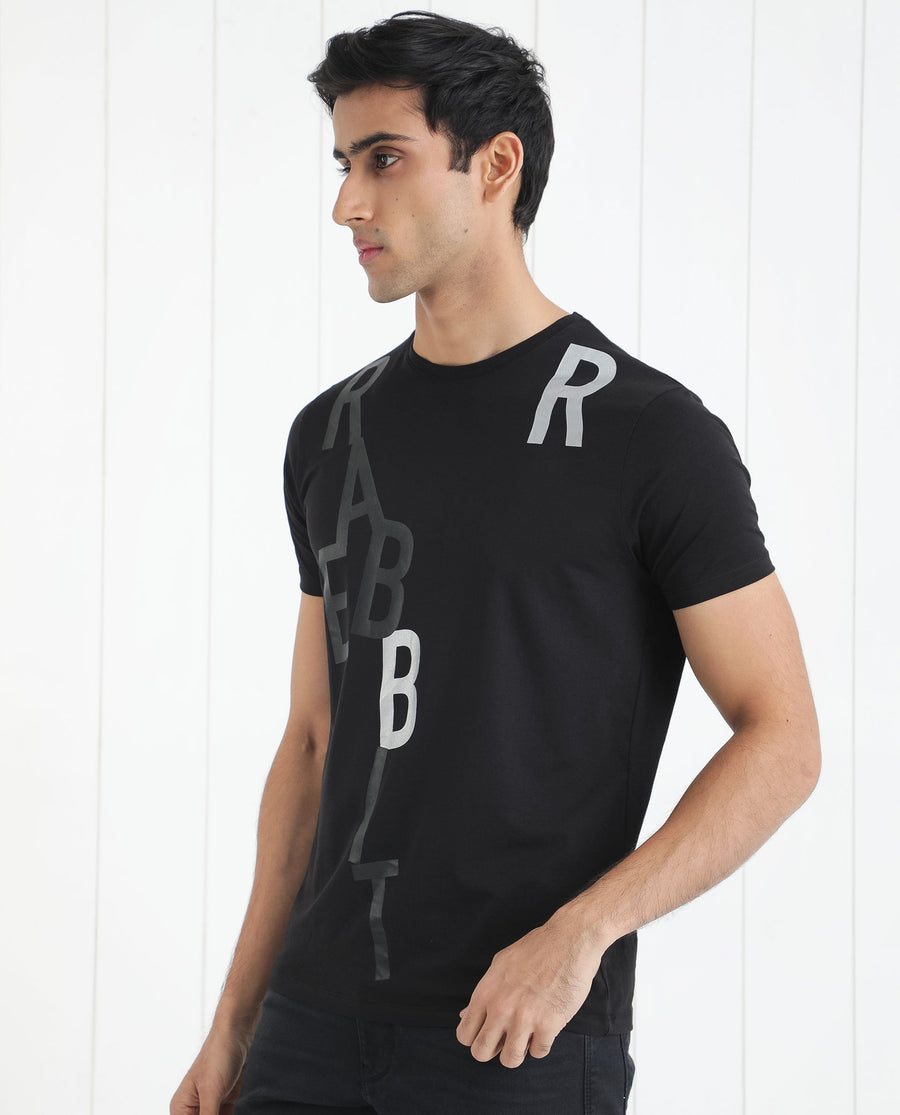Rare Rabbit Men's Heras Black Cotton Monogram Print Slim Fit Half Sleeve Crew Neck T-Shirt