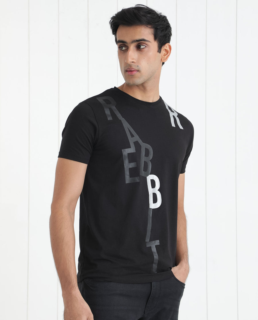 Rare Rabbit Men's Heras Black Cotton Monogram Print Slim Fit Half Sleeve Crew Neck T-Shirt