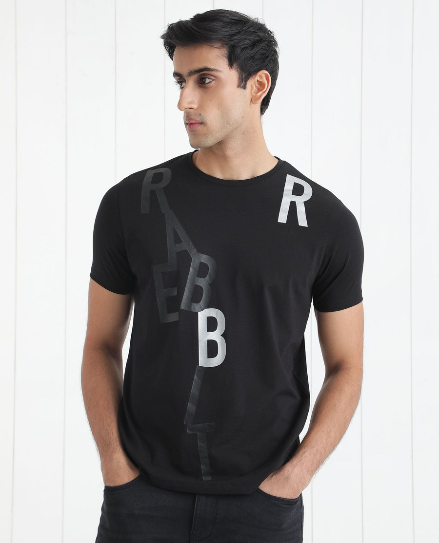 Rare Rabbit Men's Heras Black Cotton Monogram Print Slim Fit Half Sleeve Crew Neck T-Shirt
