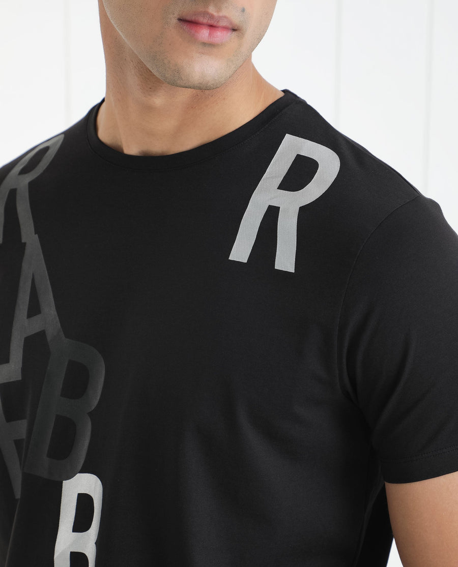 Rare Rabbit Men's Heras Black Cotton Monogram Print Slim Fit Half Sleeve Crew Neck T-Shirt