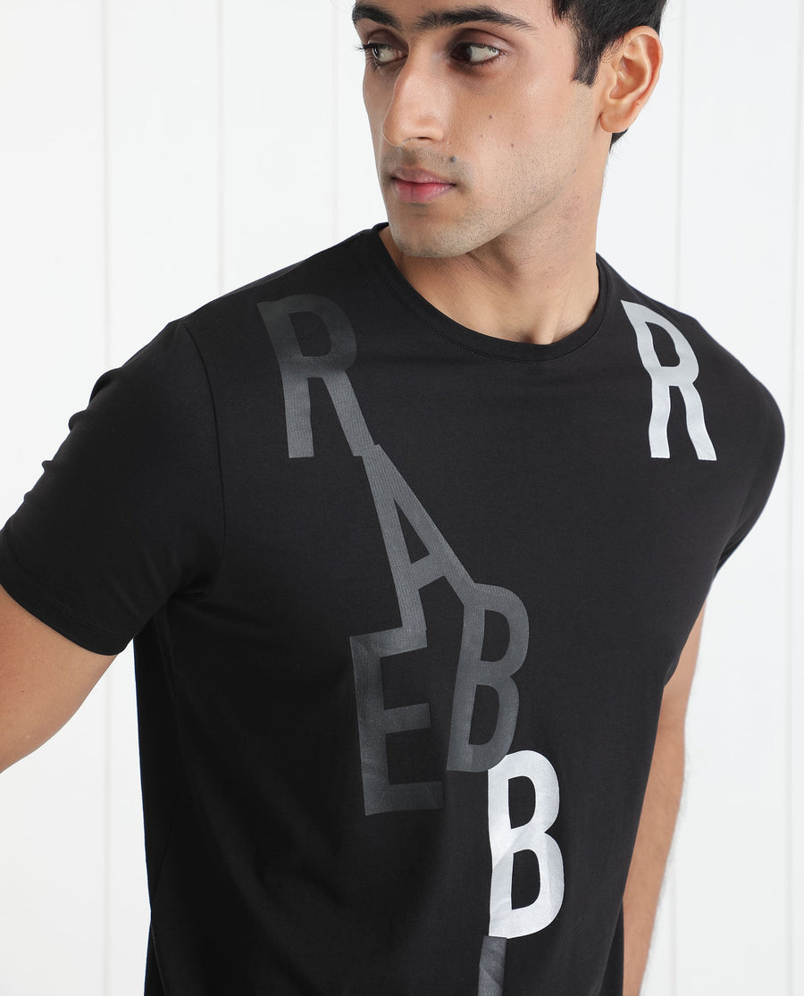 Rare Rabbit Men's Heras Black Cotton Monogram Print Slim Fit Half Sleeve Crew Neck T-Shirt
