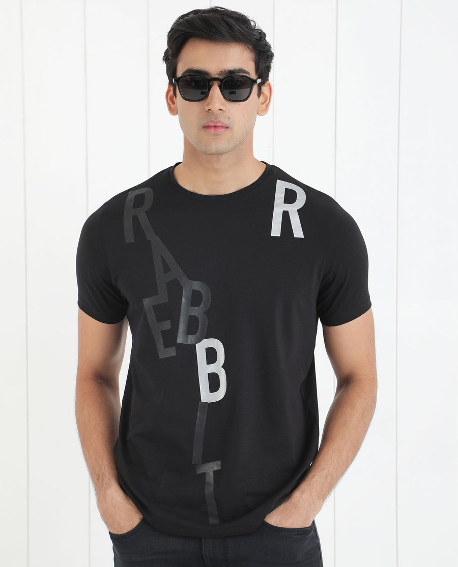 Rare Rabbit Men's Heras Black Cotton Monogram Print Slim Fit Half Sleeve Crew Neck T-Shirt