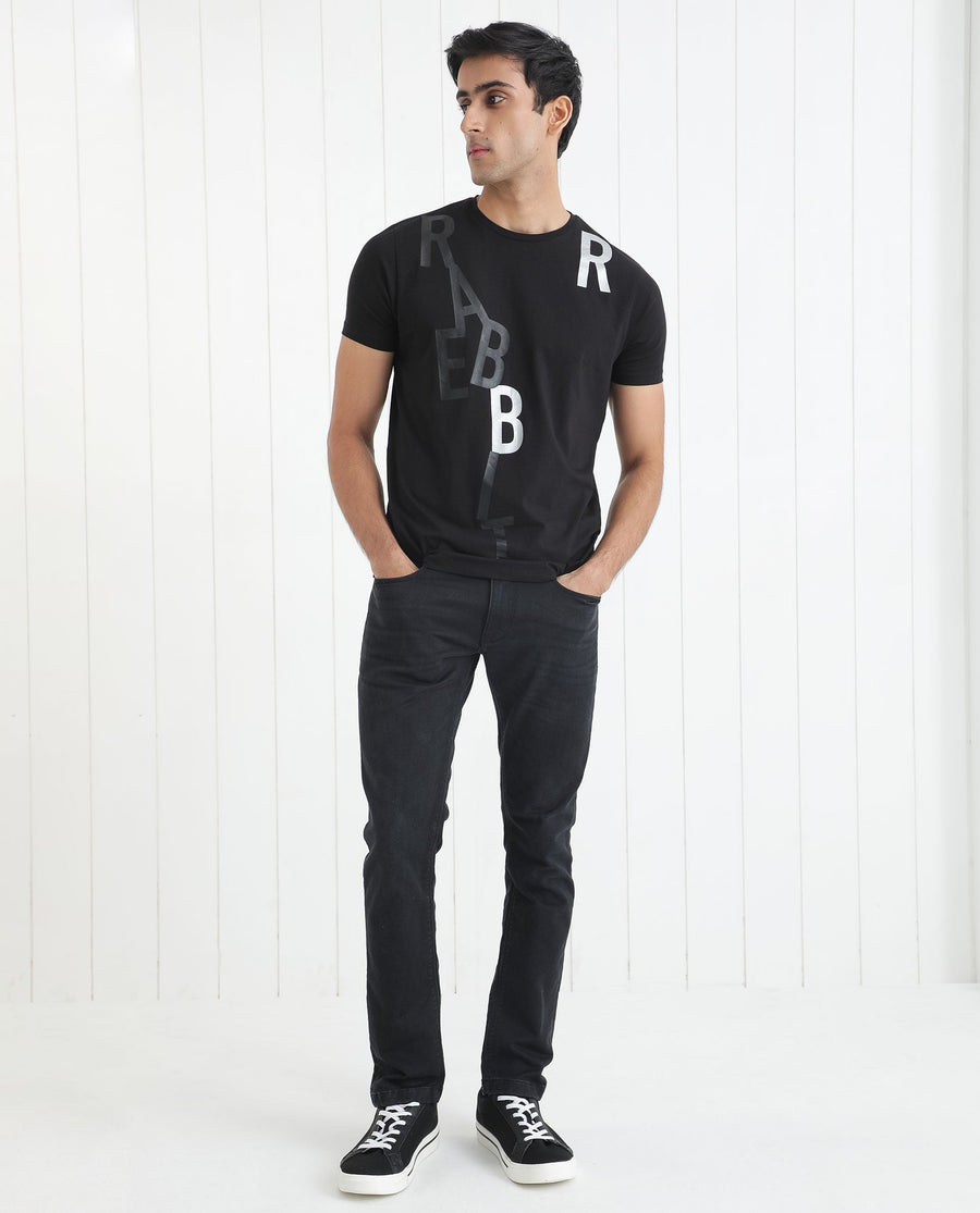 Rare Rabbit Men's Heras Black Cotton Monogram Print Slim Fit Half Sleeve Crew Neck T-Shirt