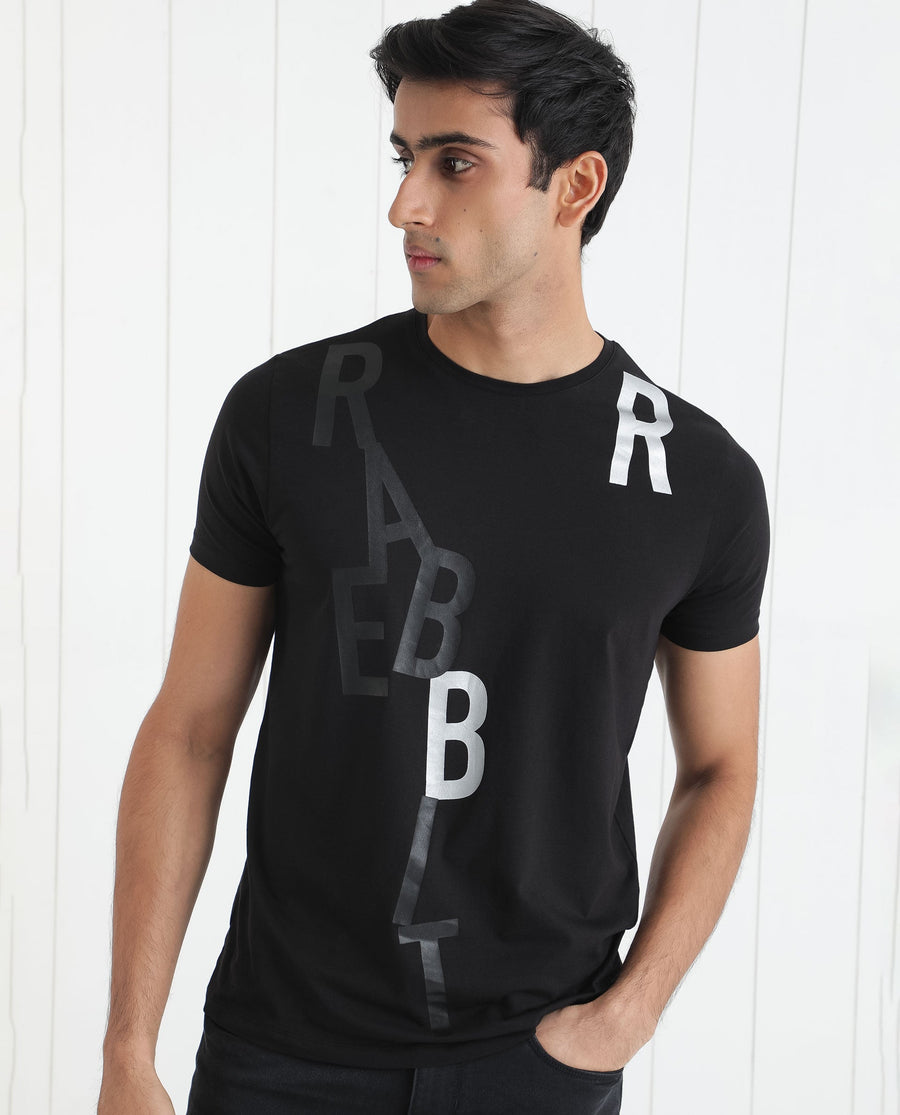 Rare Rabbit Men's Heras Black Cotton Monogram Print Slim Fit Half Sleeve Crew Neck T-Shirt