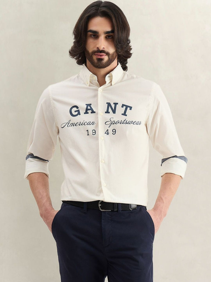 Gant Men Off White Printed Regular Fit Pure Cotton Shirt