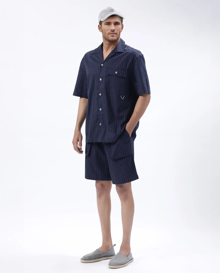 Rare Rabbit Men's Habar Navy Cotton Striped Print Oversized Fit Shorts