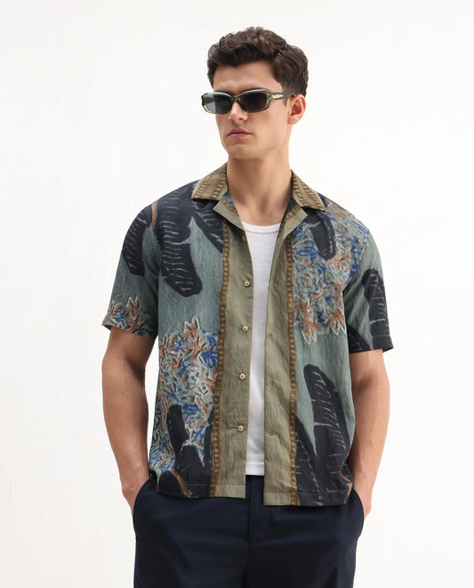 Rare Rabbit Men's Silk Dusky Green Viscose Blend Tropical Print Relaxed Fit Half Sleeve Cuban Collar Shirt