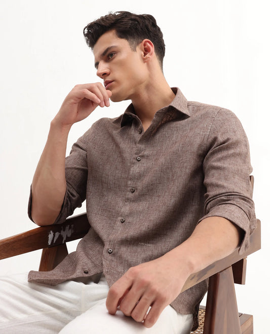 Rare Rabbit Men's Rome-Fs Dusky Brown Polyester Blend Plain Regular Fit Full Sleeve Collared Shirt