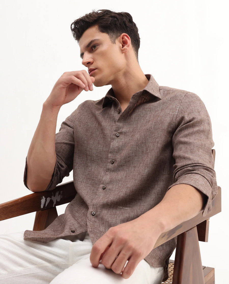 Rare Rabbit Men's Rome-Fs Dusky Brown Polyester Blend Plain Regular Fit Full Sleeve Collared Shirt