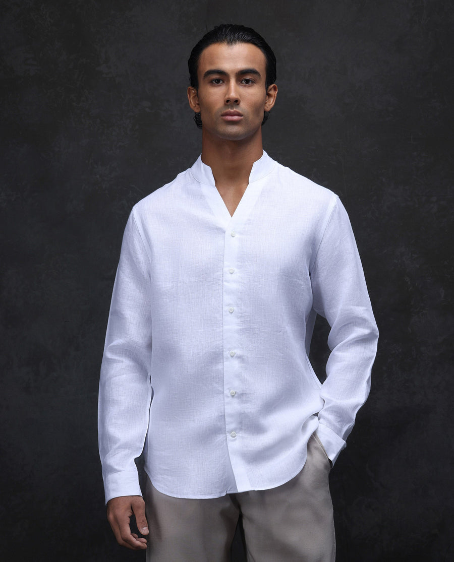 Rare Rabbit Men's Fig White 100% Linen Plain Regular Fit Full Sleeve Collared Shirt