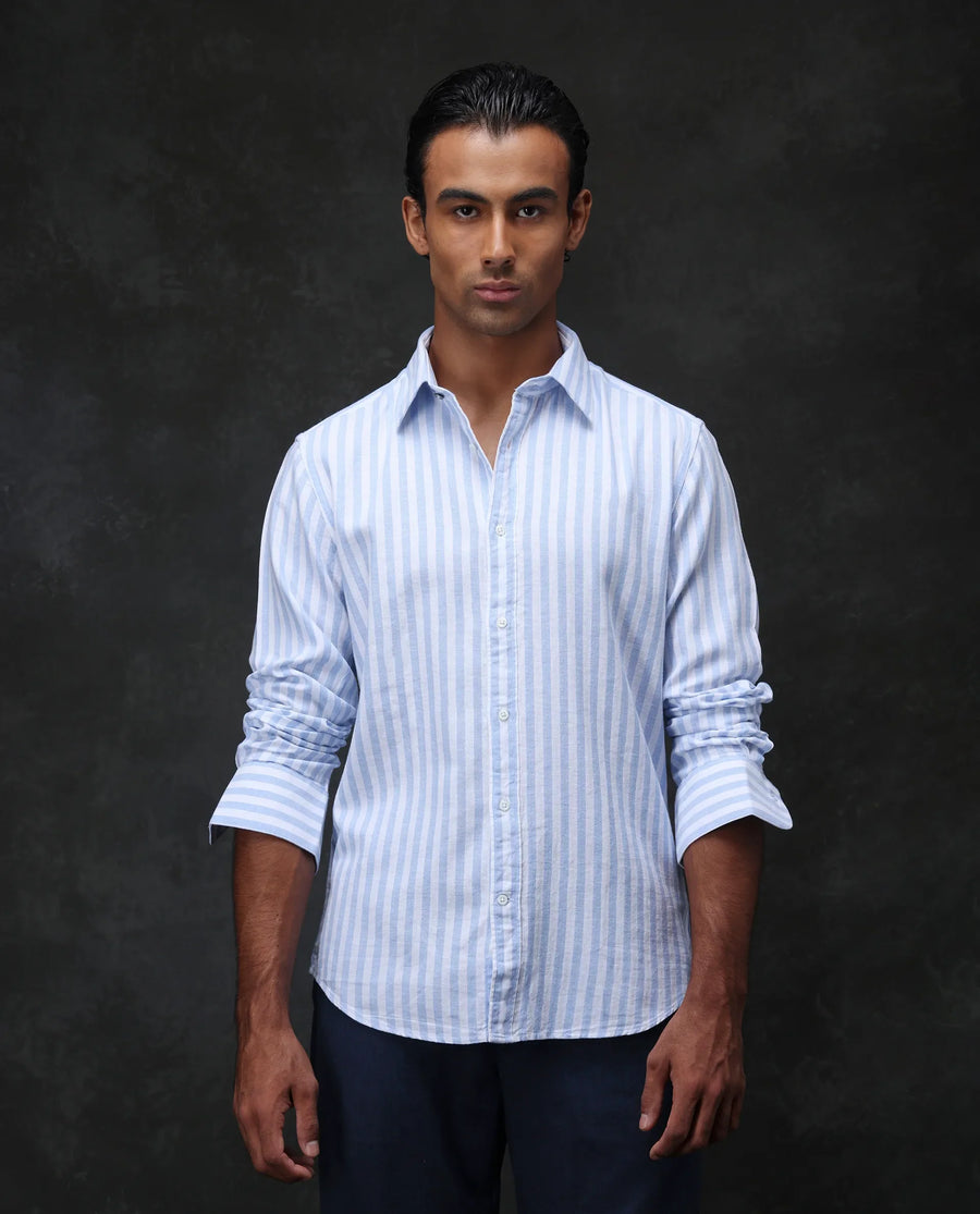 Rare Rabbit Men's Dopple Light Blue Linen Blend Striped Print Regular Fit Full Sleeve Collared Shirt