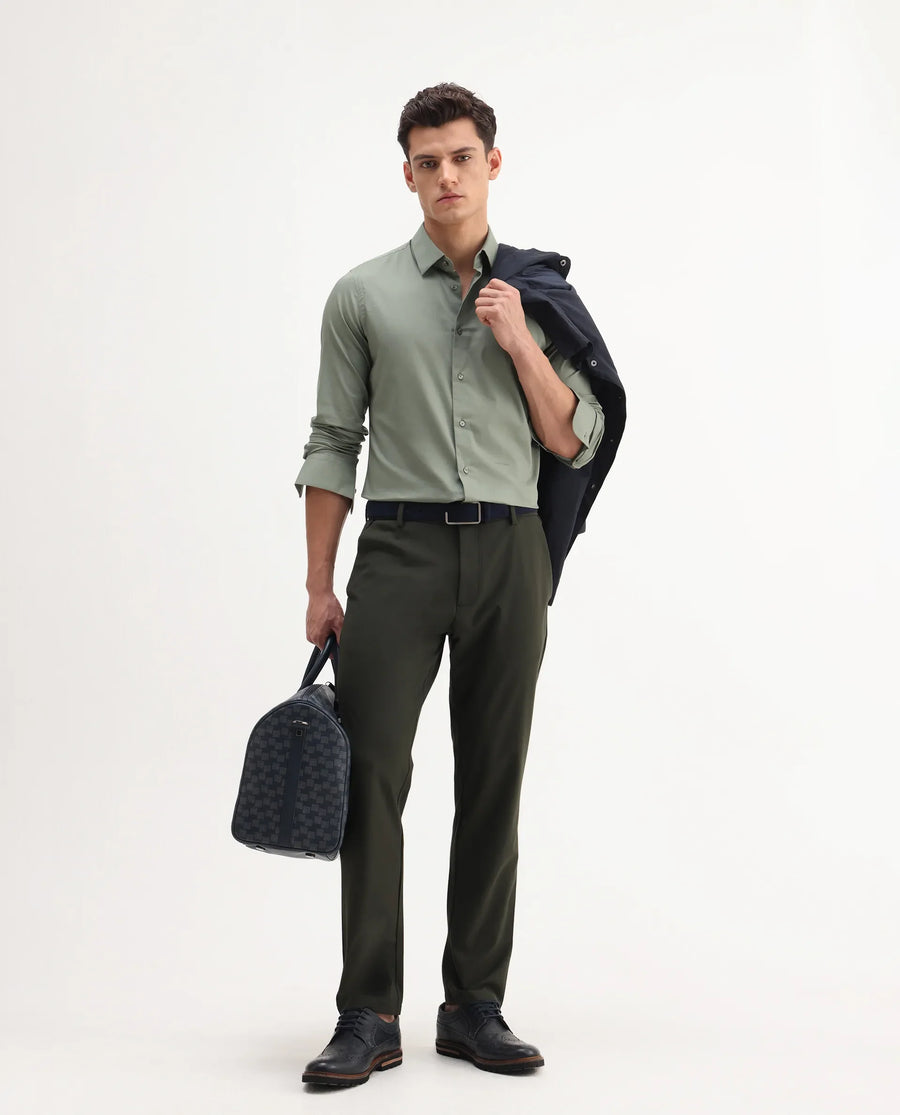 Rare Rabbit Men Travel-Aw25 Green Polyester Fabric Button And Zip Closure Closure Plain Trouser