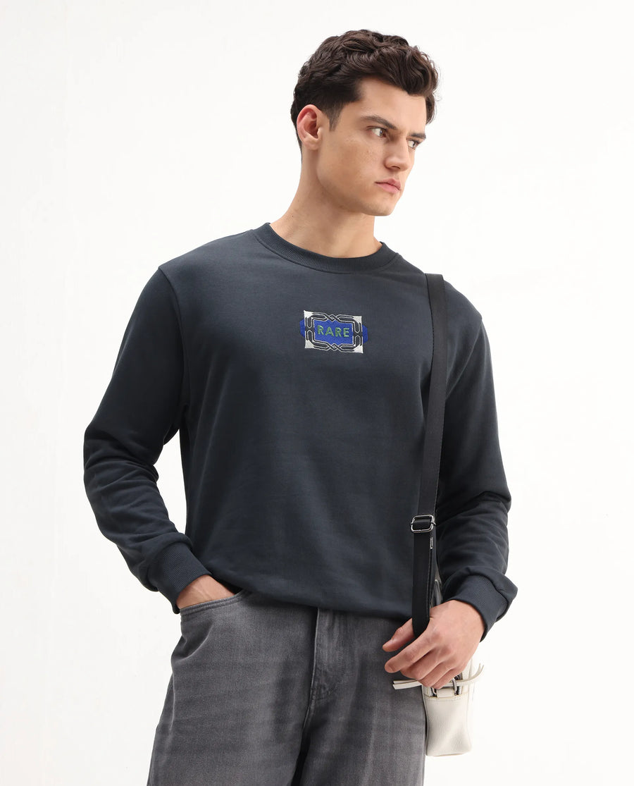 Rare Rabbit Men's Wolf Dark Grey Cotton Embroidered Regular Fit Full Sleeve Crew Neck Sweatshirt