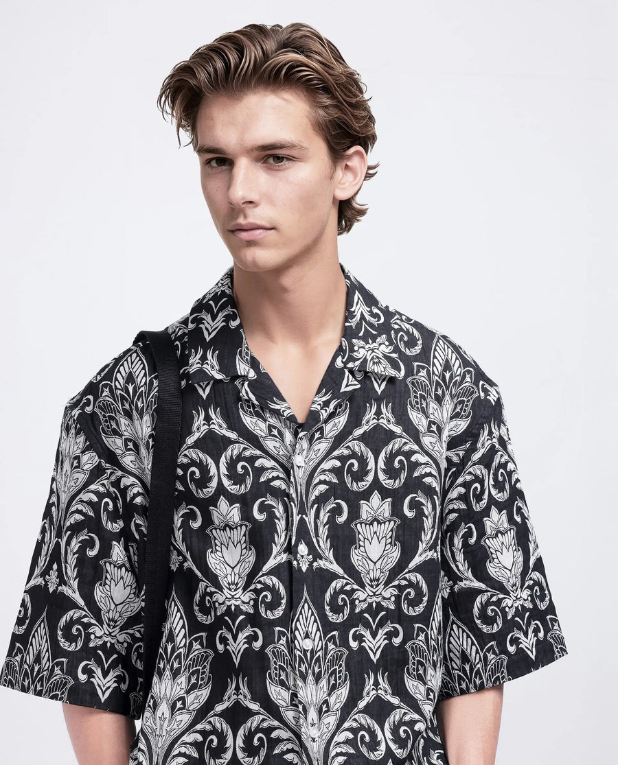 Rare Rabbit Men's Ble Black Cotton Blend Printed Boxy Fit Half Sleeve Cuban Collar Shirt