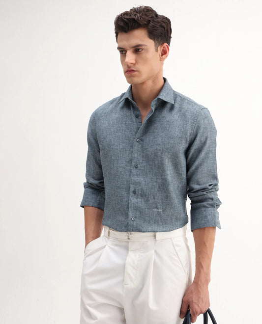 Rare Rabbit Men's Rome-Fs Dusky Blue Polyester Blend Plain Regular Fit Full Sleeve Collared Shirt