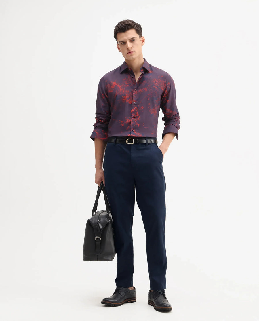 Rare Rabbit Men's Smart Navy Cotton Blend Plain Regular Fit Trouser