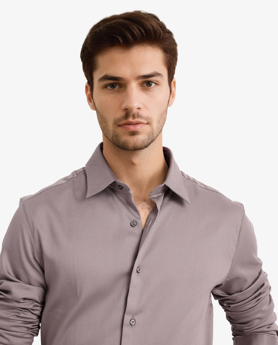 Rare Rabbit Men's Holla Grey Satin Plain Regular Fit Full Sleeve Collared Shirt