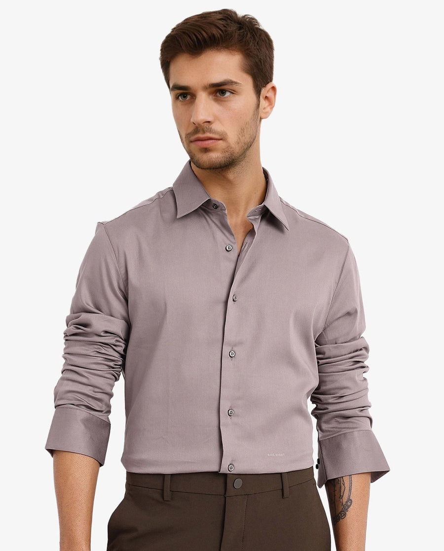 Rare Rabbit Men's Holla Grey Satin Plain Regular Fit Full Sleeve Collared Shirt