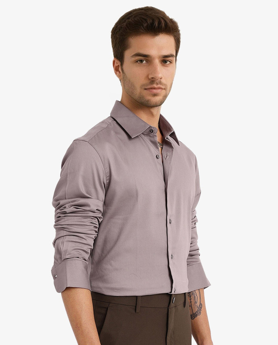 Rare Rabbit Men's Holla Grey Satin Plain Regular Fit Full Sleeve Collared Shirt
