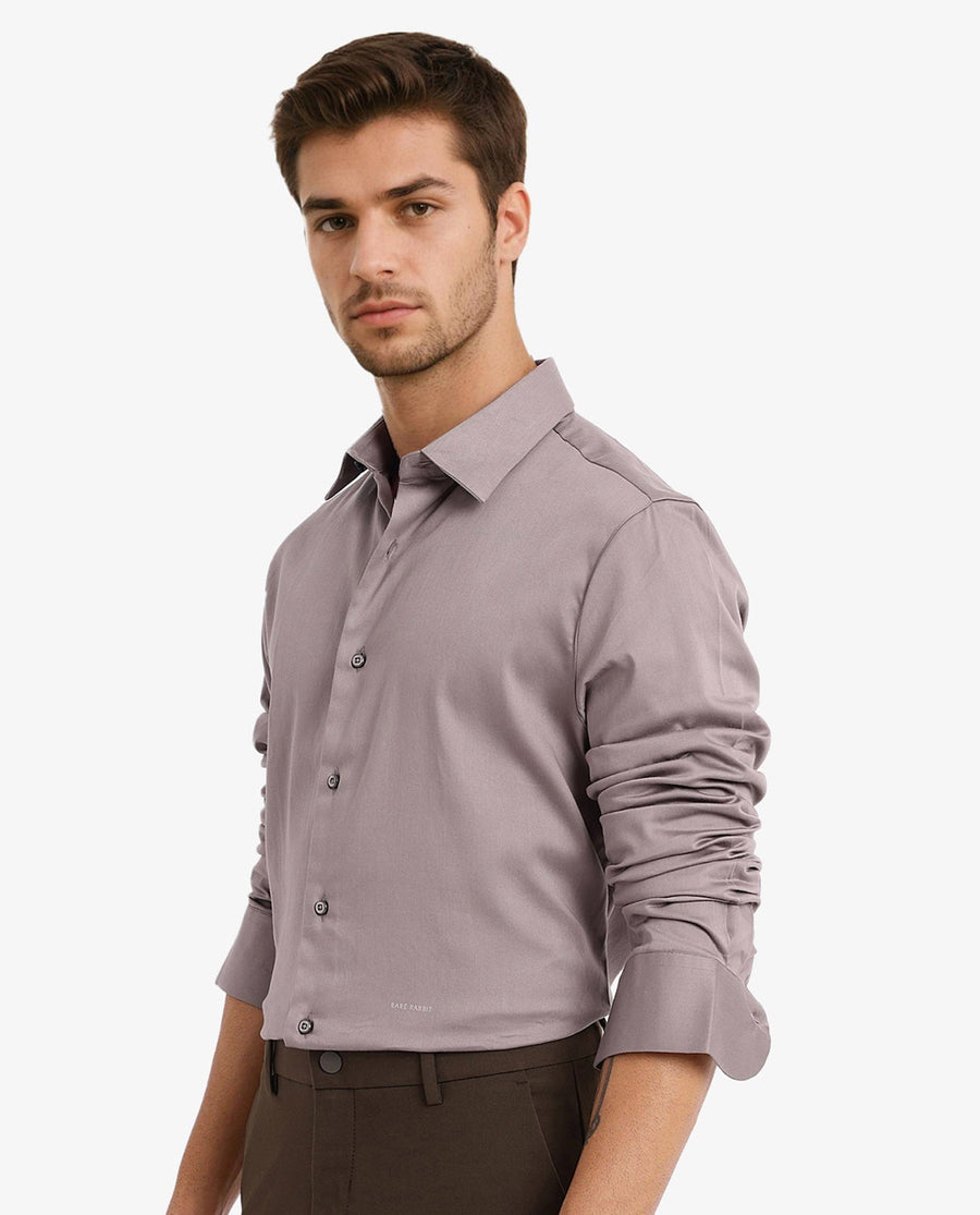Rare Rabbit Men's Holla Grey Satin Plain Regular Fit Full Sleeve Collared Shirt