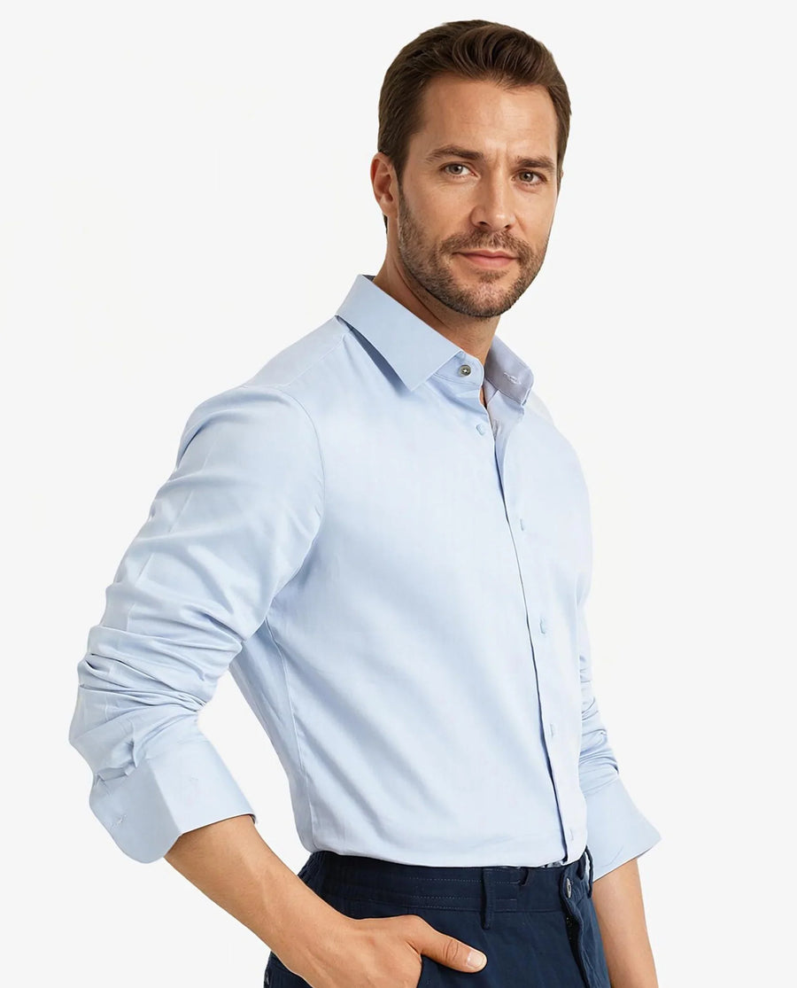 Rare Rabbit Men's Holla Light Blue Satin Plain Regular Fit Full Sleeve Collared Shirt