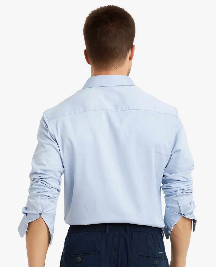 Rare Rabbit Men's Holla Light Blue Satin Plain Regular Fit Full Sleeve Collared Shirt