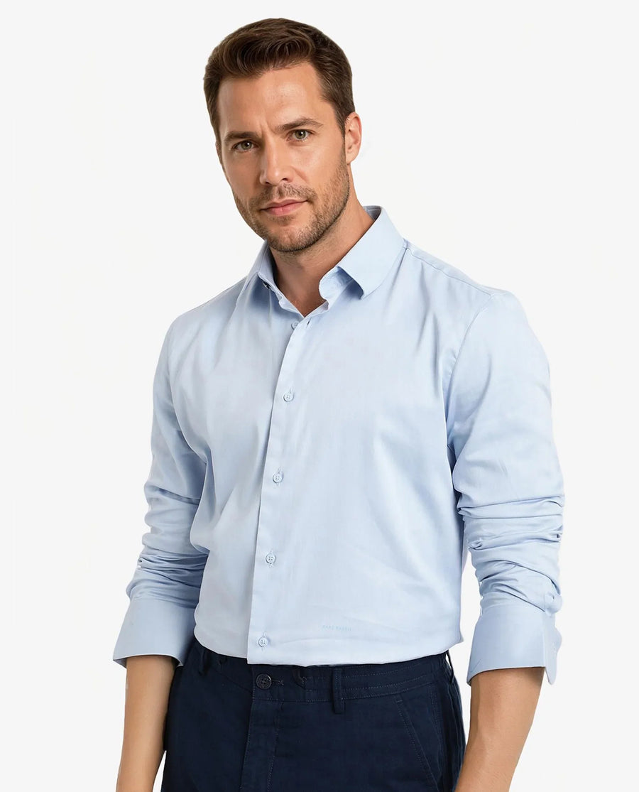 Rare Rabbit Men's Holla Light Blue Satin Plain Regular Fit Full Sleeve Collared Shirt