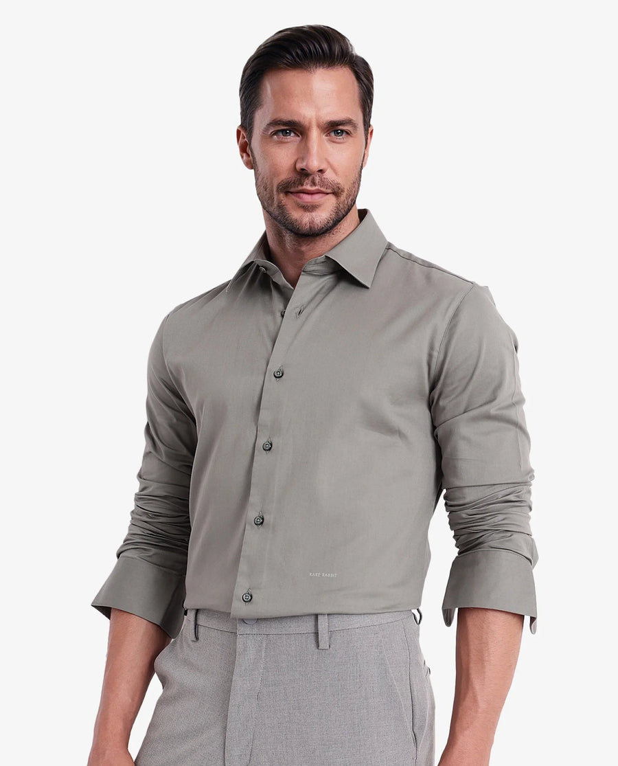 Rare Rabbit Men's Holla Olive Satin Plain Regular Fit Full Sleeve Collared Shirt