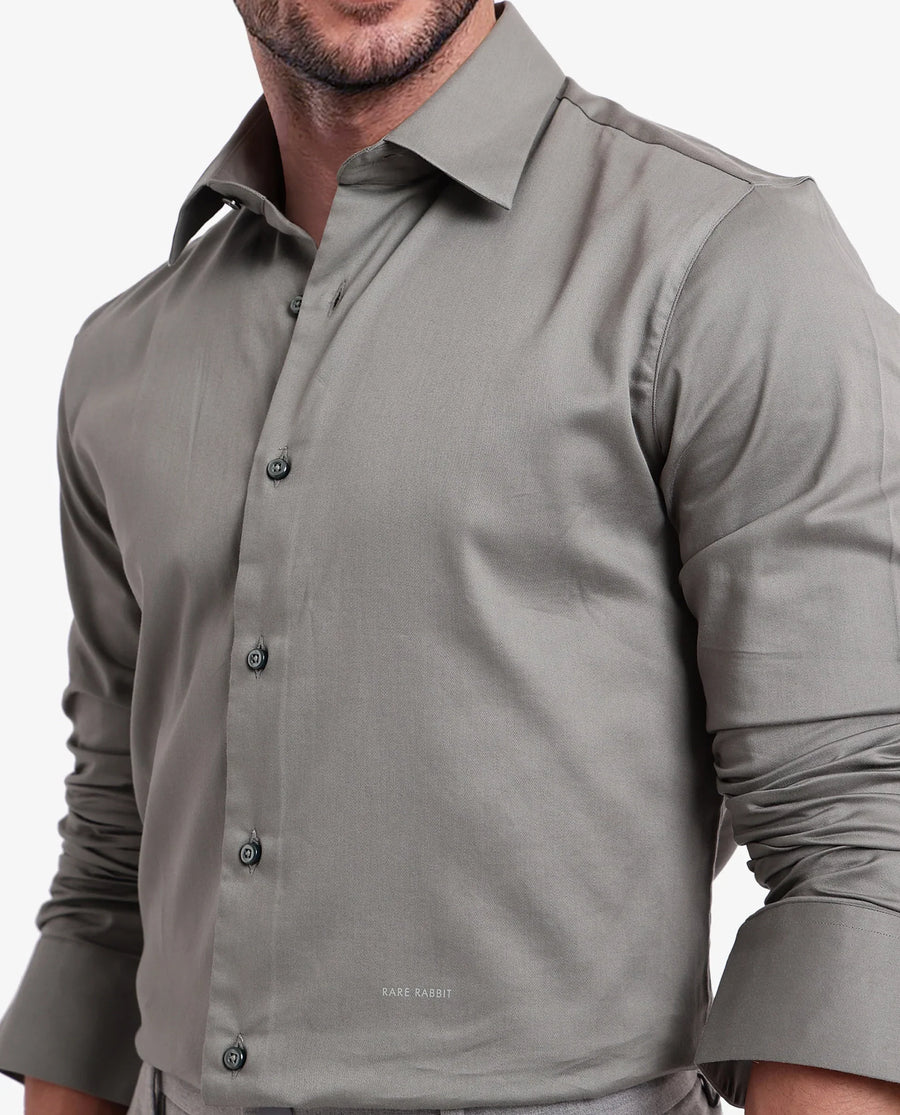 Rare Rabbit Men's Holla Olive Satin Plain Regular Fit Full Sleeve Collared Shirt