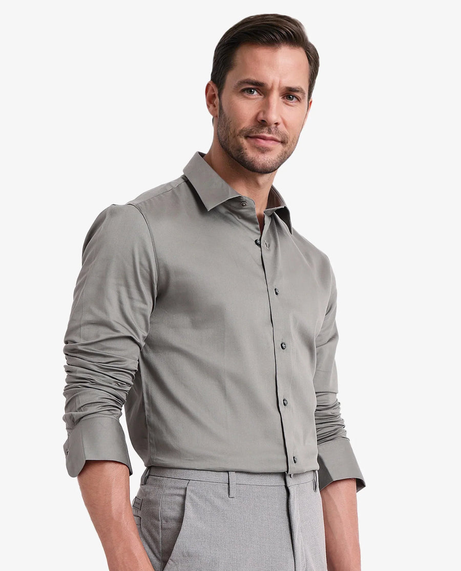 Rare Rabbit Men's Holla Olive Satin Plain Regular Fit Full Sleeve Collared Shirt