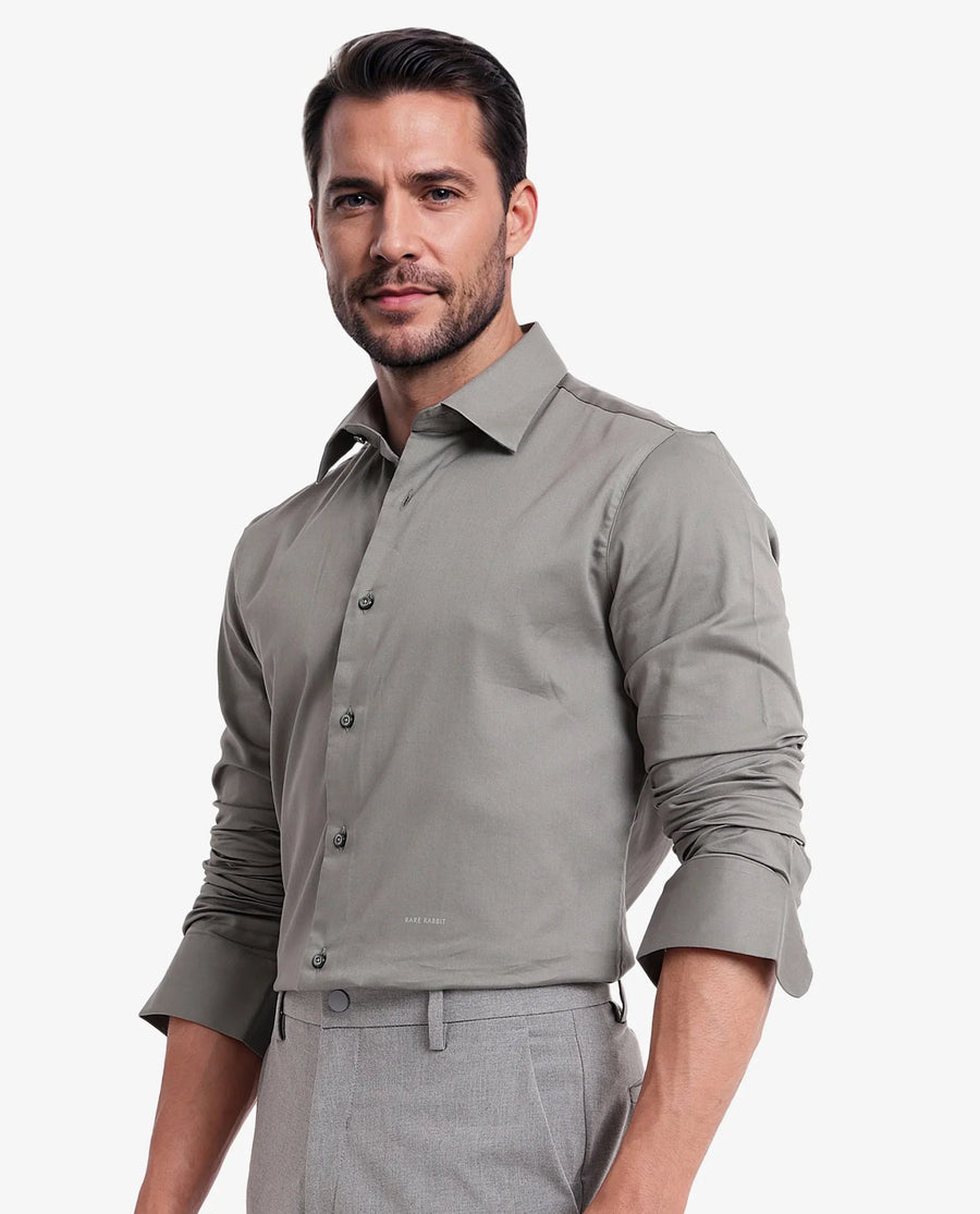Rare Rabbit Men's Holla Olive Satin Plain Regular Fit Full Sleeve Collared Shirt