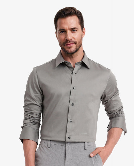Rare Rabbit Men's Holla Olive Satin Plain Regular Fit Full Sleeve Collared Shirt