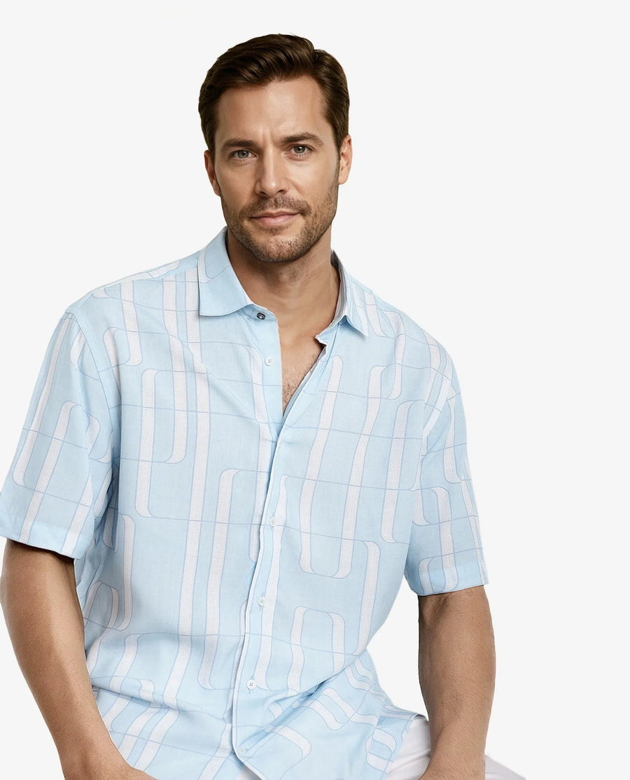 Rare Rabbit Men's Holter Light Blue Viscose Abstract Print Regular Fit Half Sleeve Collared Shirt