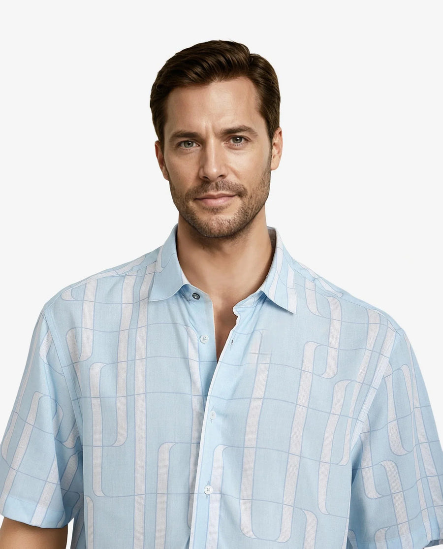 Rare Rabbit Men's Holter Light Blue Viscose Abstract Print Regular Fit Half Sleeve Collared Shirt