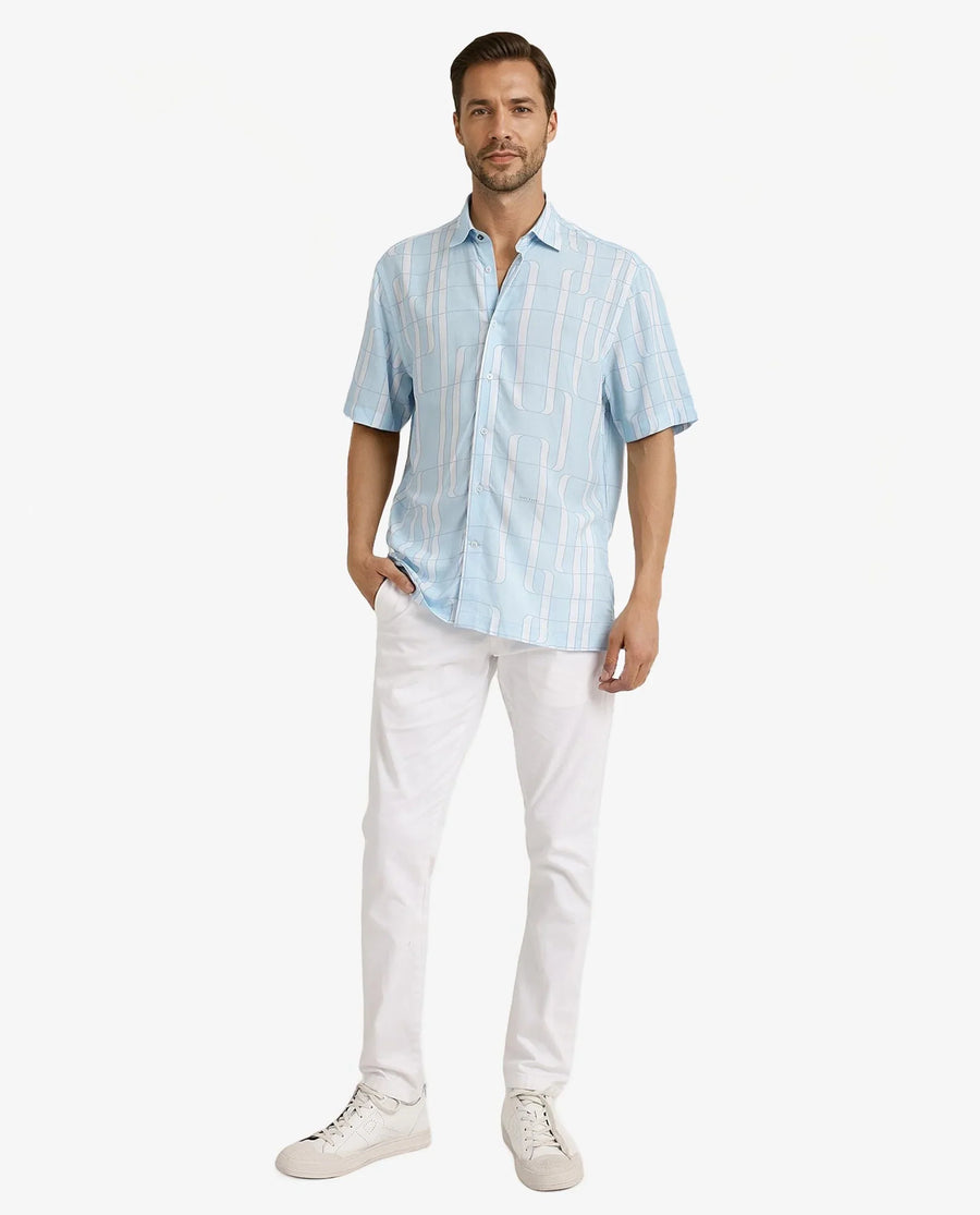 Rare Rabbit Men's Holter Light Blue Viscose Abstract Print Regular Fit Half Sleeve Collared Shirt