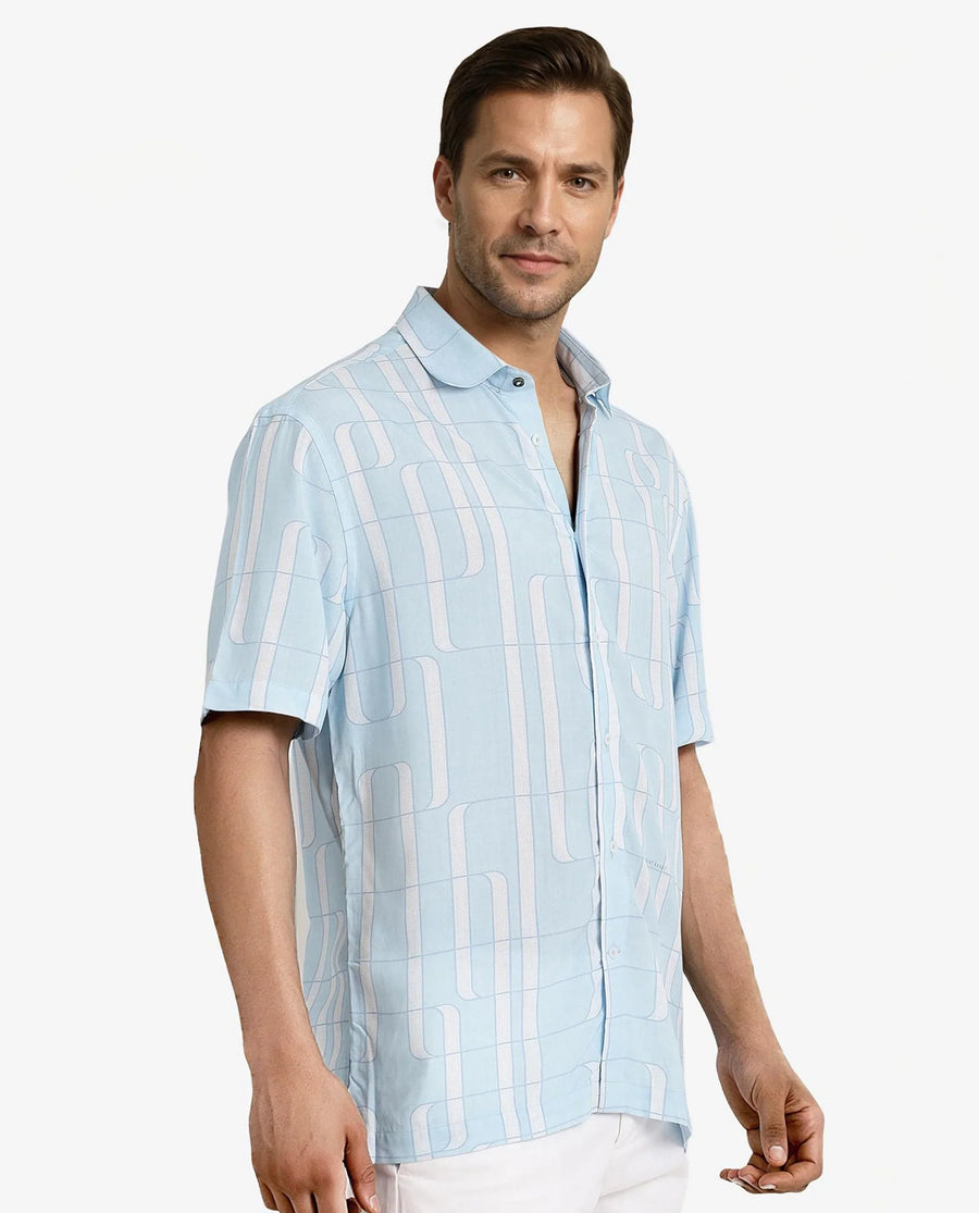 Rare Rabbit Men's Holter Light Blue Viscose Abstract Print Regular Fit Half Sleeve Collared Shirt