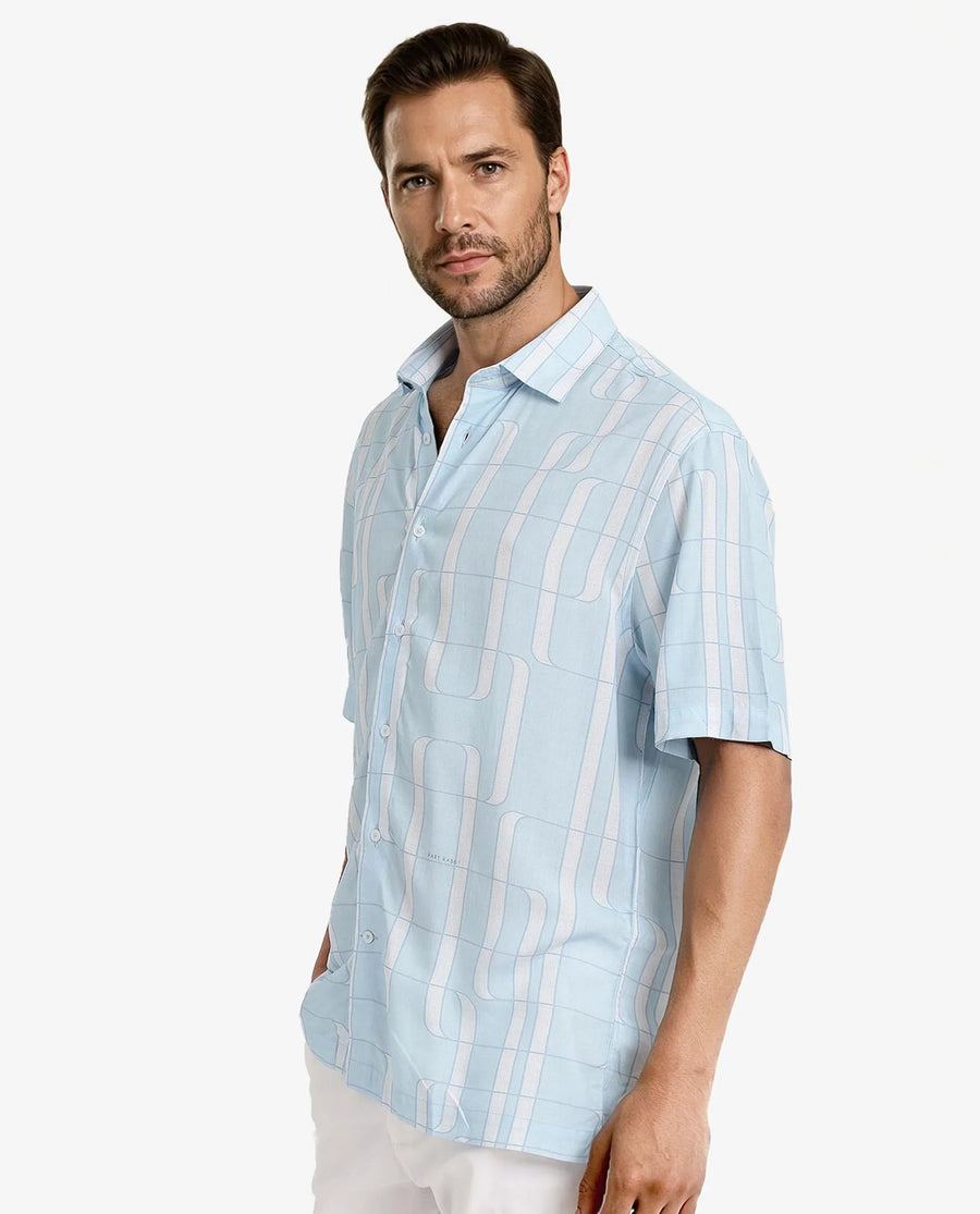 Rare Rabbit Men's Holter Light Blue Viscose Abstract Print Regular Fit Half Sleeve Collared Shirt