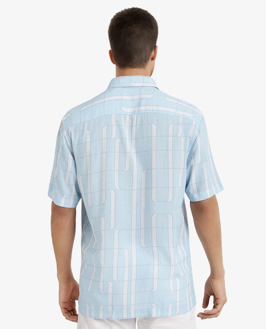 Rare Rabbit Men's Holter Light Blue Viscose Abstract Print Regular Fit Half Sleeve Collared Shirt