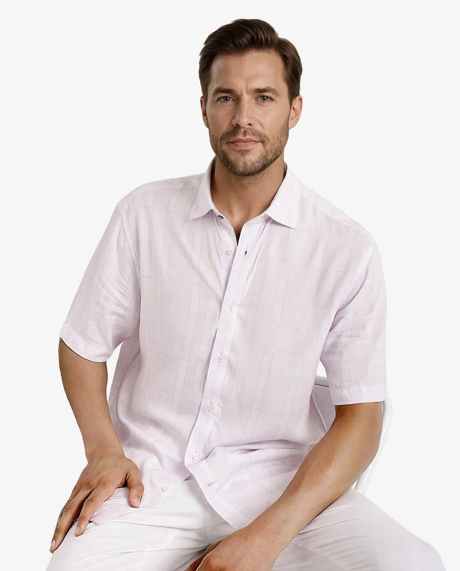Rare Rabbit Men's Holter Light Purple Viscose Abstract Print Regular Fit Half Sleeve Collared Shirt