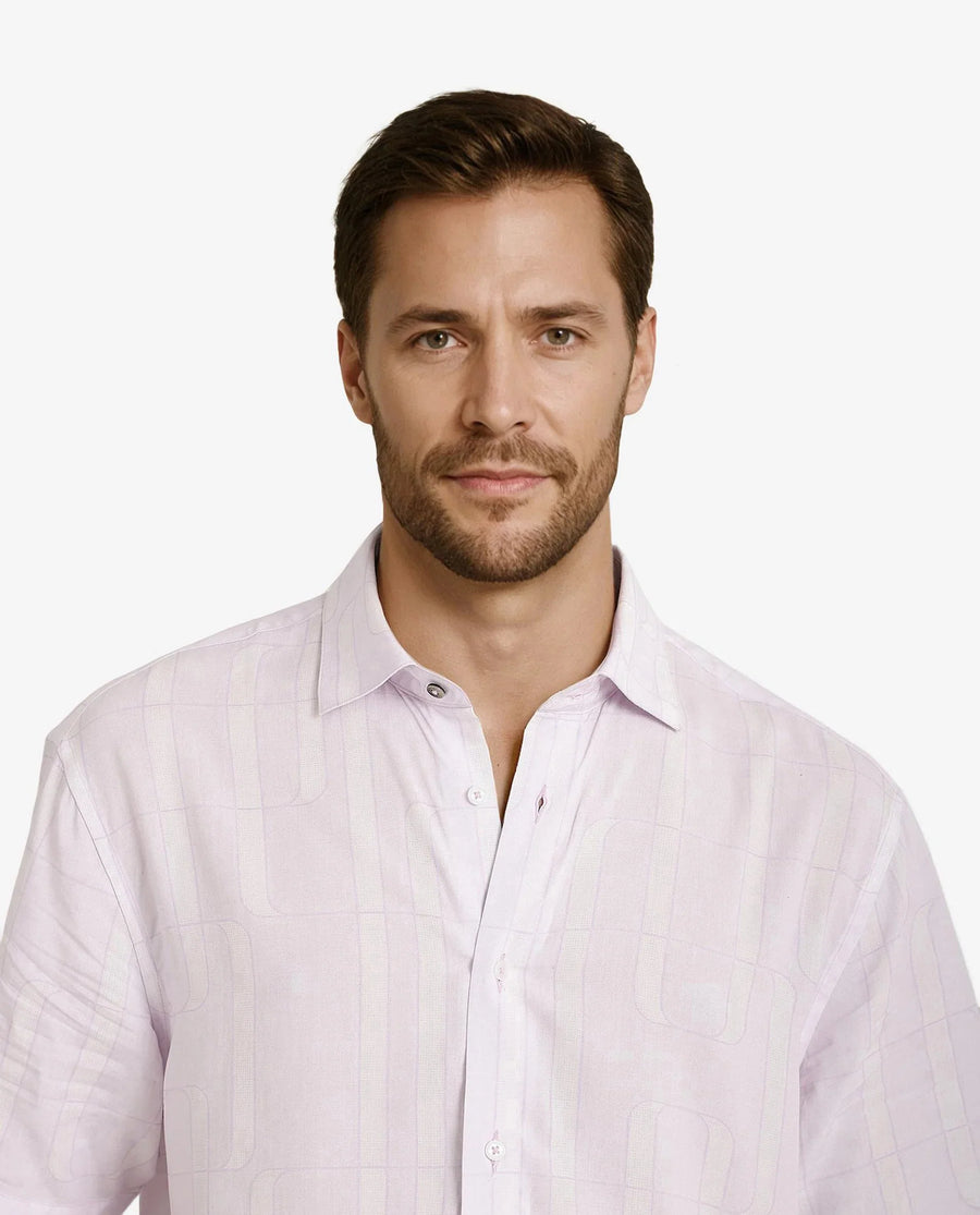 Rare Rabbit Men's Holter Light Purple Viscose Abstract Print Regular Fit Half Sleeve Collared Shirt