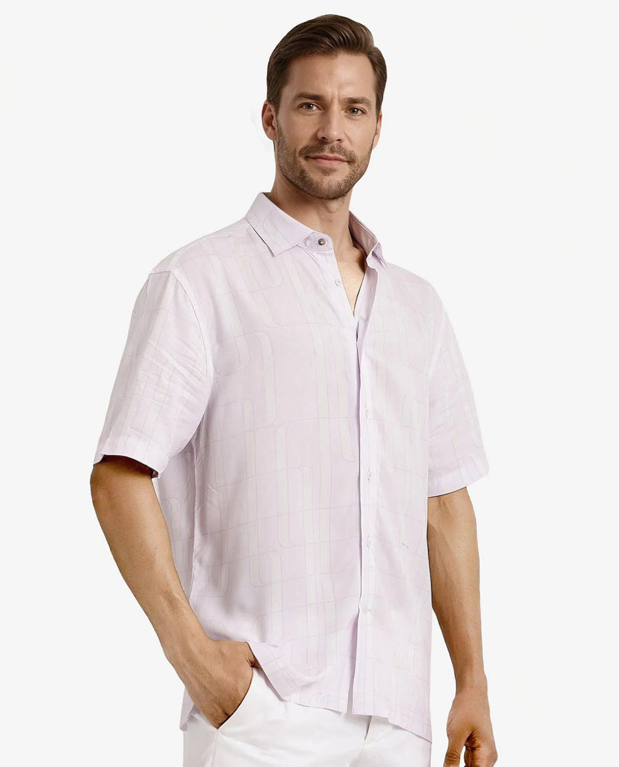 Rare Rabbit Men's Holter Light Purple Viscose Abstract Print Regular Fit Half Sleeve Collared Shirt
