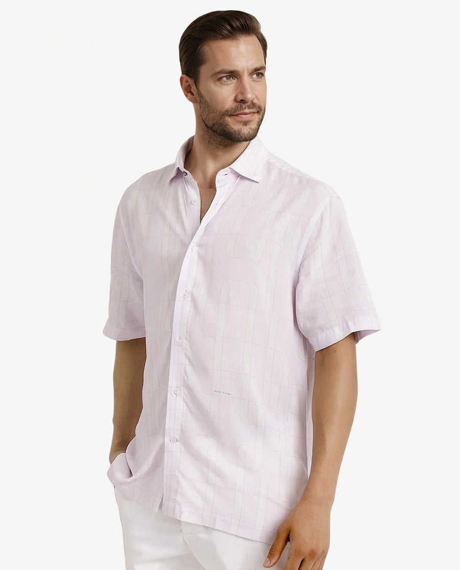Rare Rabbit Men's Holter Light Purple Viscose Abstract Print Regular Fit Half Sleeve Collared Shirt