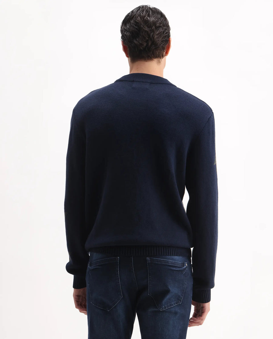 Rare Rabbit Men's Hond Navy Acrylic Abstract Print Regular Fit Full Sleeve Crew Neck Sweater