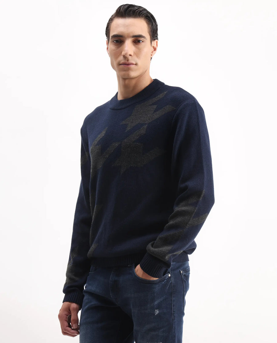 Rare Rabbit Men's Hond Navy Acrylic Abstract Print Regular Fit Full Sleeve Crew Neck Sweater