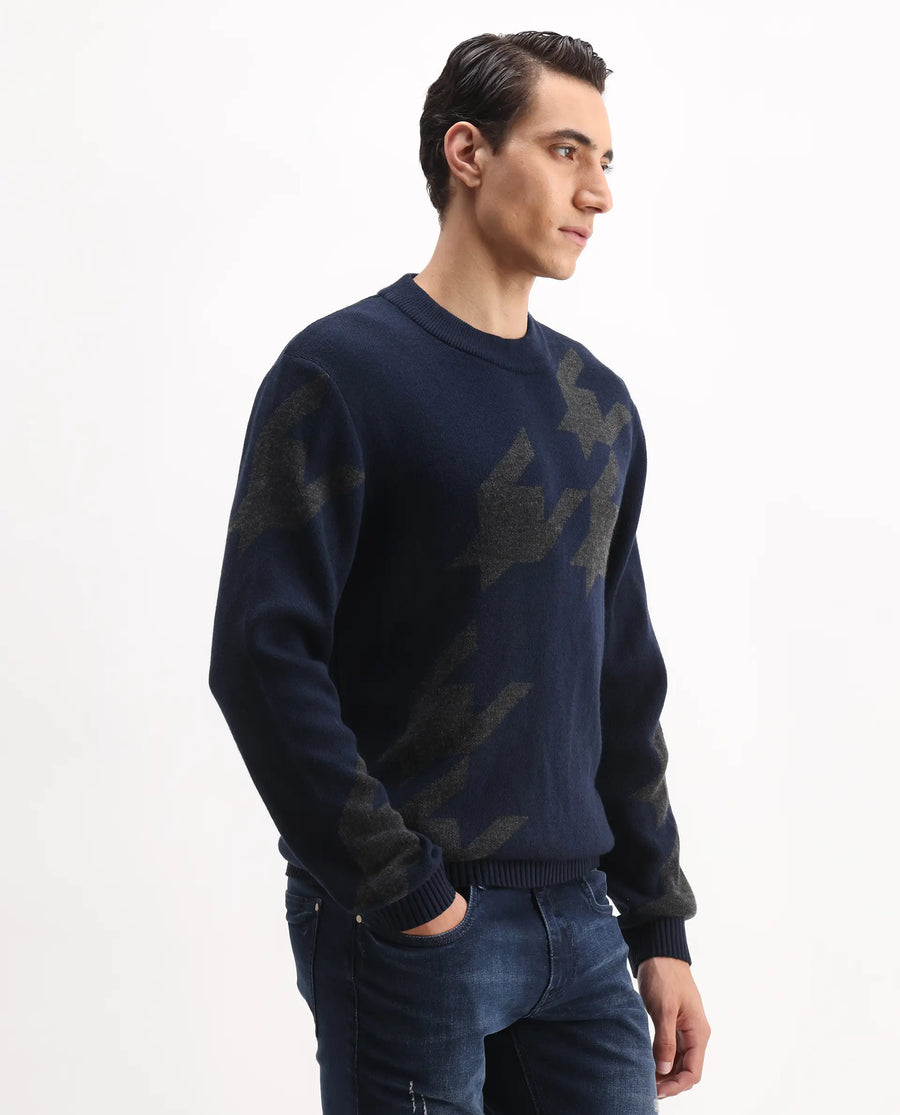 Rare Rabbit Men's Hond Navy Acrylic Abstract Print Regular Fit Full Sleeve Crew Neck Sweater
