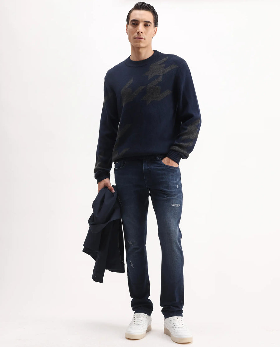 Rare Rabbit Men's Hond Navy Acrylic Abstract Print Regular Fit Full Sleeve Crew Neck Sweater