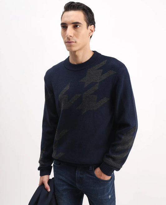 Rare Rabbit Men's Hond Navy Acrylic Abstract Print Regular Fit Full Sleeve Crew Neck Sweater